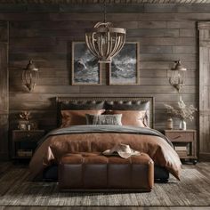 a bedroom with wood paneled walls and a large bed in the center, along with two lamps on either side of the bed