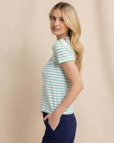 Coastal comfort is easy to achieve in a soft and standard striped tee. This soft cotton crew neck serves as the best base layer for an optimal oceanside outfit. Style: 10819 Stretch Crew Neck Top With Contrast Stripes, Blue Short Sleeve Top With Horizontal Stripes, Casual Stretch Tops With Contrast Stripes, Casual Fitted Top With Striped Hem, Everyday Horizontal Stripe Crew Neck T-shirt, Spring Short Sleeve Horizontal Stripe Tops, Spring Short Sleeve Tops With Horizontal Stripes, Spring Tops With Horizontal Stripes And Short Sleeves, Casual Fitted Tops With Horizontal Stripes