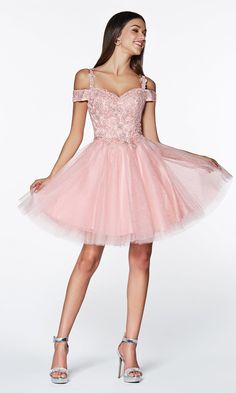 So pretty, this cold-shoulder short homecoming dress shimmers with your every move. With a sweetheart lace bodice and banded sleeves, this adorable short party dress has lacy shoulder straps that lead to the corset-style back that laces up for the best fit. The short dance dress has a fully-lined short skirt with a glitter-tulle overlay that flows to the hem in a flattering a-line shape that completes the look. As affordable as it is cute, this cold-shoulder short glitter homecoming dress, under Short Corset Dress, Glitter Homecoming Dress, Dama Dresses, Mini Prom Dresses, Cinderella Divine, Sparkle Skirt, Cinderella Dresses, Beautiful Dresses Short, Cocktail Gowns