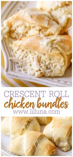 crescent roll chicken bundles on a plate with text overlay that reads crescent roll chicken bundles