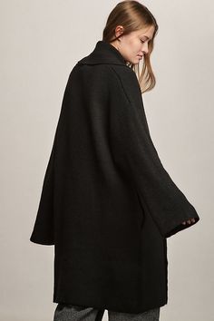 Cozy up to the Mariel, a fan-fave layer with an oversized fit and chic rolled collar. | The Mariel Longline Cardigan Sweater by Anthropologie in Black, Women's, Polyester/Nylon/Wool Rolled Collar, Longline Cardigan, Front Hand, 50 Fashion, Black Fits, Long A Line, Black Sweaters, Cardigan Sweater, Sweater Outfits