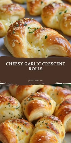 cheesy garlic crescent rolls on a white plate with text overlay that says cheesy garlic crescent rolls