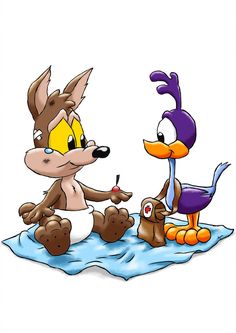 two cartoon animals sitting on top of an ice floer and one is holding something in its mouth