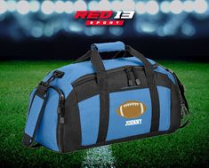 "This personalized duffel bag may be a great gift for that little one who loves to play football.   This bag has a front pocket and side zippered pocket, which is a great compartment for shoes. ITEM SPECIFICATIONS *    600 denier polyester canvas, 210 denier polyester lining *    Fully lined, zippered main compartment *    Front pocket and zippered end pocket *    Separate zippered end pouch for pool gear or shoes *    Adjustable, detachable, padded shoulder strap *    Dimensions: 10.75\"h x 20.75\"w x 9\"d; Approx. 2,008 cubic inches ITEM DETAILS *   These bags are embroidered. PLACING AN ORDER *    Place quantity in drop down menu. *    Add the name you would like to be embroidered in the personalization section *    Select the color of the thread you would like the thread to be.    Mess Football Bag, Flag Football, Personalized Football, Travel Duffel, Duffel Bag Travel, Embroidered Bag, Football Games, Soccer Ball, Duffel Bag