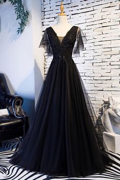 Shop Beaded Lace Long Black Prom Dress With Puffy Sleeves online. SheProm offers formal, party, casual & more style dresses to fit your special occasions. Prom Dress With Puffy Sleeves, Black Formal Prom Dresses, V Neck Corset, Winter Prom Dresses, Prom Dress With Train, Dress With Puffy Sleeves, Neck Corset, Corset Black, Black Prom Dress