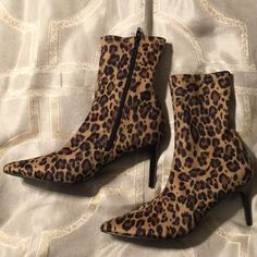 Pointed Toe Bootie In Cheetah Print W/ Stiletto Heel Fitted Leopard Print Heels, Chic Leopard Print Fitted Heels, Fitted Leopard Print Boots With Round Toe, Trendy Leopard Print Heels, Casual Leopard Print High Heels, Ankle-high Fitted Casual Heels, Casual Ankle-high Fitted Heels, Fitted Ankle-high Casual Heels, Fitted Leopard Print High Heels