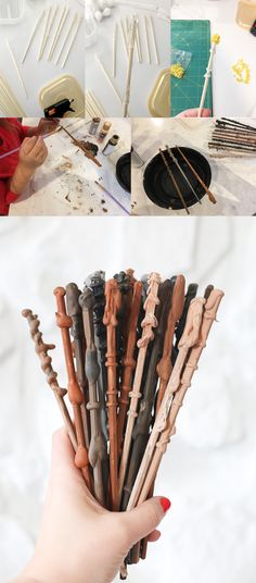 there are many different types of wooden spoons and forks in this photo, one is holding