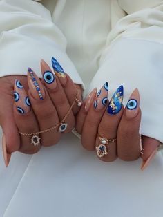 Guatemalan Nail Art, Evil Eye Nails Design Art Ideas, Easy Long Nail Designs, Croatia Nails Ideas, Third Eye Nail Art, Solar System Nails, Nails With Decals, Ojo Turco Nails, Chakra Nail Art