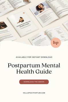 the postparum mental health guide is displayed on top of a white background with pink circles