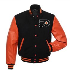 Philadelphia Flyers Black and Red Varsity Jacket - NHL Varsity Jacket Leather Varsity Jacket Features: leather varsity jacket that doesn't comply with anyone else's fashion. A varsity jacket that gives you comfort, style, and affordability in price. Undoubtedly this look of this classic varsity jacket is getting to be widespread in high school teams and senior classes of 2021-2020 students, baseball teams, football teams, cheerleaders, men and women. Indeed the look and feel of this varsity jack Sporty Winter Outerwear For Game Day, Sporty Outerwear For Game Day In Fall, Sporty Fall Outerwear For Game Day, Black Casual Varsity Jacket For Game Day, Casual Black Varsity Jacket For Game Day, Sporty Leather Jacket For Fall Streetwear, Black Outerwear For Game Day, Black Winter Varsity Jacket For Game Day, Winter Long Sleeve Track Jacket For Game Day