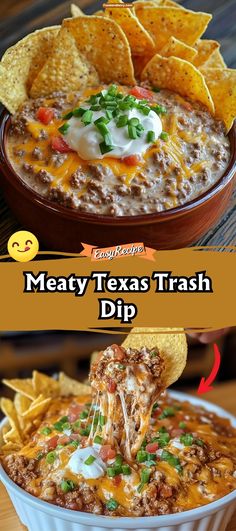 a bowl filled with meaty texas trash dip and tortilla chips on the side