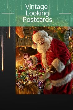 a santa clause standing in front of a christmas tree with lights and decorations on it