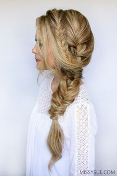 Mixed Side Braid                                                                                                                                                                                 More Side Braid Hairstyles, Braided Hair Tutorial, Side Braid, Trending Hairstyles, Long Blonde Hair, Fish Tail Braid