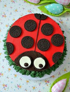 a cake decorated to look like a ladybug