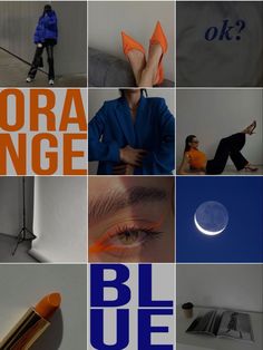 a collage of photos with orange and blue text