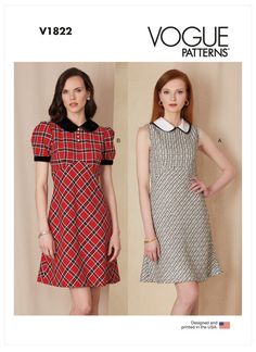 two women's dresses with collars and short sleeves, both in different patterns