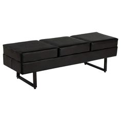 a black leather bench with four seats on it's legs and one seat folded down to the side