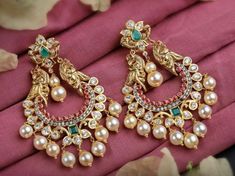 Buttalu Earrings Gold Bridal Latest, Akshay Tritiya, Beaded Bridal Jewelry, Vaddanam Designs, Small Earrings Gold, Pearl Earrings Designs, Ruby Bangles