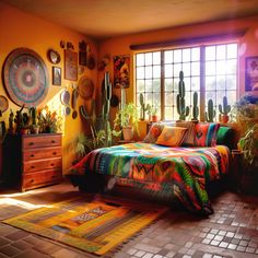 a bed room with a neatly made bed and lots of potted plants