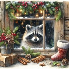 a raccoon looking out the window at christmas decorations