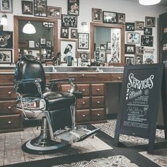 a barbershop with a sign in front of it that says, services for cutting hair