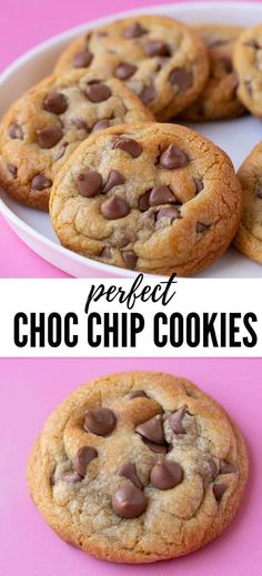 chocolate chip cookies on a white plate with pink background