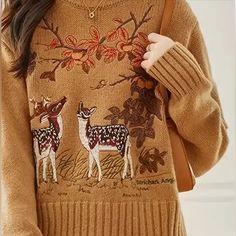 Adorable Sweater ! Very Soft New In Bag Acrylic Nylon Viscose Classic Pull Over With Super Detailed Fall Deer Embroidery Knit Fall Sweater, Woodland Clothes, Earthy Sweater, Whimsigoth Sweater, Deer Clothes, Style Manifestation, Adventure Clothes, Cottagecore Embroidery, Deer Outfit