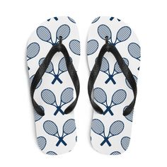 These are the perfect flip flops to put on after a grueling tennis match. The rubber sole is lined with a soft fabric to make sure you feel comfortable. Your feet will thank you and your teammates will be jealous! Perfect for your favorite tennis player or as a captain's gift.   * Rubber sole * Customizable 100% polyester fabric lining * Black Y-shaped rubber straps * Toe post style Sporty Slip-resistant Round Toe Flip Flops, Sporty Slip-resistant Slip-on Flip Flops, Sporty Flip Flops For The Beach, Sporty Slippers For Sports With Round Toe, Sporty Round Toe Sports Slippers, White Flat Flip Flops For Outdoor, Synthetic Non-slip Flip Flops For Sports, Sporty Non-slip Beach Sneakers, Sporty Slip-resistant Flip Flops