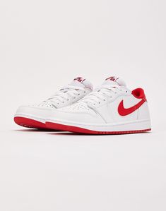 Jordan Brand is back with a new take on the Air Jordan 1 Retro Low OG. This "University Red" colorway features a premium white leather upper with striking "University Red" Swoosh overlays, sockliners, heel panels, and outsoles. Leather upper Leather overlays Swoosh overlays Wings logos on the heels Traditional lacing s Jordan 1 Low Red, Jordan Retro 1 Low, Jordan Retro 1, Jordan Air, Retro 1, Wings Logo, Air Jordans Retro, Jordan 1 Low, Air Jordan 1 Retro