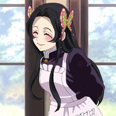 an anime character with long black hair and butterfly ears