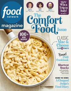 the cover of food network magazine features macaroni and cheese in a skillet