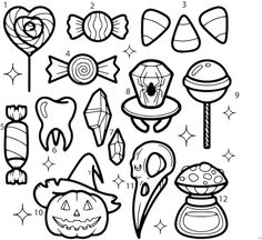 halloween coloring pages with candy and candies for kids to print out, including pumpkins