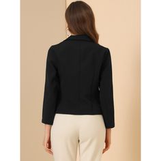 Create a modern sleek look even at the office with this stunning cropped blazer jacket. This smart collarless blazer features an angled hem which is shorter in the back for a fashionably cool look. An open-front design for showing your amazing top inside. The jacket offers a versatile piece for effortless layering looks. Pair it with jeans and sneakers for a casual look. Filled with contemporary takes on classic summer prints, great for office and causal wear, both professional and fashionable. Professional Structured Office Blazer, Sleek Cropped Outerwear For Work, Cropped Single-breasted Blazer For Work, Cropped Single Breasted Blazer For Work, Structured Cropped Business Jacket, Structured Cropped Jacket For Business, Tailored Cropped Blazer For Workwear, Elegant Cropped Blazer For Workwear, Structured Cropped Jacket For Work