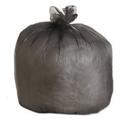 a large gray trash bag sitting on top of a white floor