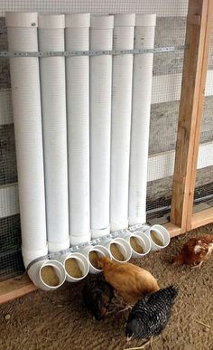 chickens and roosters are standing in front of a white radiator on the ground