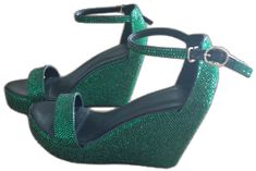 Glamorous Green Sandals With Rhinestones, Formal Green Sandals With Rhinestones, Elegant Green Open Toe Wedge Sandals, Green Evening Sandals With Wedge Heel, Green Wedge Heel Sandals For Evening, Green Open Toe Wedge Sandals For Party, Green Rhinestone Open Toe Heels, Green High Heel Sandals With Rhinestones, Elegant Green Wedge Sandals