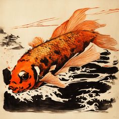 a painting of a goldfish swimming in the water with its head above the water's surface