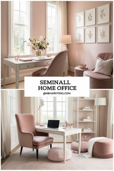 two pictures with the words semiail home office in white, pink and beige colors