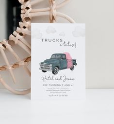 a card with an image of a truck on it and the words truckstuffs written in pink