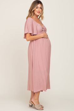 Mauve Front Tie Ruffle Sleeve Maternity Midi Dress – PinkBlush Pink Maternity Dress, Maternity Midi Dress, Pink Blush Maternity, Lined Skirt, Ruffle Sleeves, Hunter Green, Maternity Dresses, Maternity Clothes, Empire Waist