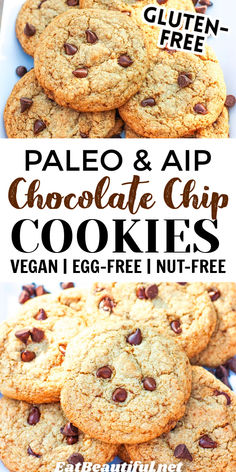 chocolate chip cookies are stacked on top of each other with text overlay that reads pale and aip chocolate chip cookies vegan i egg - free nut - free