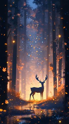 a deer standing in the middle of a forest with butterflies flying around it at night