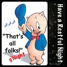 a cartoon pig holding a blue object in his right hand and the words that's all folks'g night on it