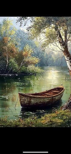 a painting of a boat sitting on the shore of a lake next to a tree