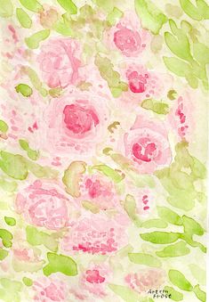 watercolor painting of pink flowers and green leaves