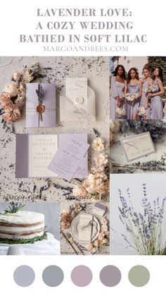 a collage of wedding photos with lavenders and flowers in the background, including two different