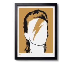 a framed poster with an image of a man's hair and lightning bolt on it