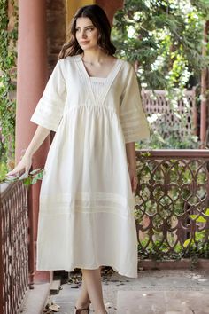 Cotton-Linen Blend A-Line Dress with Lace Detailing - Picnic Lace | NOVICA Linen Maxi Dress Summer, Linen Dresses Elegant, Linen Dress Outfit, Dress Elegant Classy, Dress Picnic, Lace Frocks, Shoes Guide, Linen Wedding Dress, Classy Coat