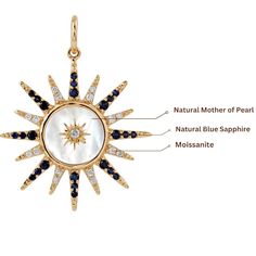 14k yellow gold over sterling silver sunburst celestial necklace. This exquisite necklace features a mesmerizing Mother of Pearl center, surrounded by a halo of sparkling moissanite and sapphires set in sterling silver. The necklace comes with a 16" + 2" yellow gold over sterling silver chain. This necklace symbolizes enduring love and warmth.    Jewelry Care Tips  To keep your Pearl Gemstone Jewelry sparkling, gently polish it with a soft cloth and avoid chemicals that may damage its shine. Store it in a cool, dry, fabric-lined box when not in use. Wear it regularly to prevent tarnishing and maintain its beautiful glow.    Stone Details: Moissanite (17 stones, 0.20 ct), Sapphire (24 stones, 0.28 ct)  Main Stone: Mother of Pearl (MOP)  Chain: 16"+2" chain (yellow gold over sterling silver) Sunburst Necklace, Sapphire Pendant Necklace, Sapphire Necklace Pendants, Sun Charm, Celestial Necklace, Sapphire Pendant, Pearl Pendant Necklace, Pearl Gemstone, Blue Gemstones