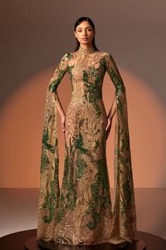 Cape sleeves lace gown - HerTrove Green Wedding Dress With Embroidered Sleeves, Elegant Floor-length Dresses With Embroidered Sleeves, Elegant Party Gown With Embroidered Sleeves, Elegant Wedding Gown With Embroidered Sleeves, Luxury Fitted Evening Dress With Intricate Embroidery, Lace Evening Dress With Intricate Embroidery For Gala, Fitted Evening Dress With Intricate Embroidery, Long Sleeve Lace Dress With Intricate Embroidery, Fitted Lace Gown With Sheer Sleeves